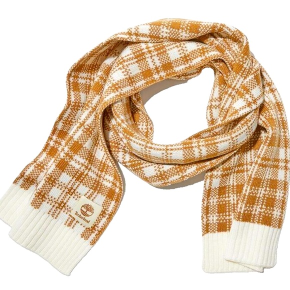 Timberland Knit Scarf Plaid Brown and Cream - Picture 1 of 7